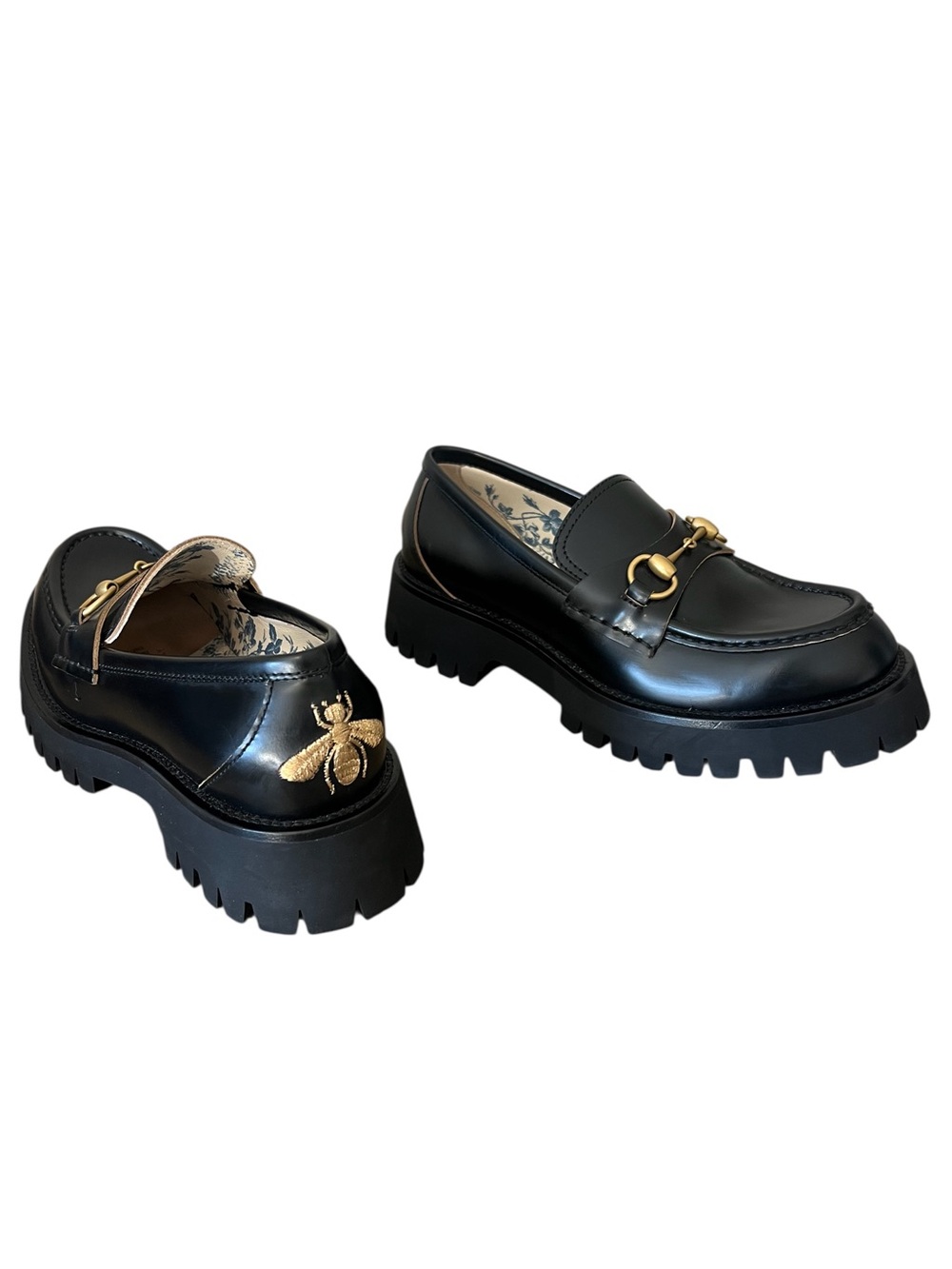 Gucci Cordovan Lux Lug Sole Black Gold Horsebit Bee Embroidered leather loafers